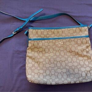 Coach Signature Jacquard File Crossbody Bag - khaki with teal Trim